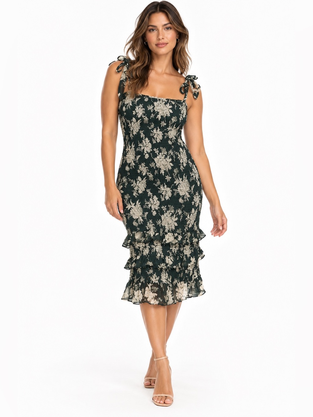 Abercrombie and Fitch smocked Floral Tie Midi Dress in Dark Green size Large